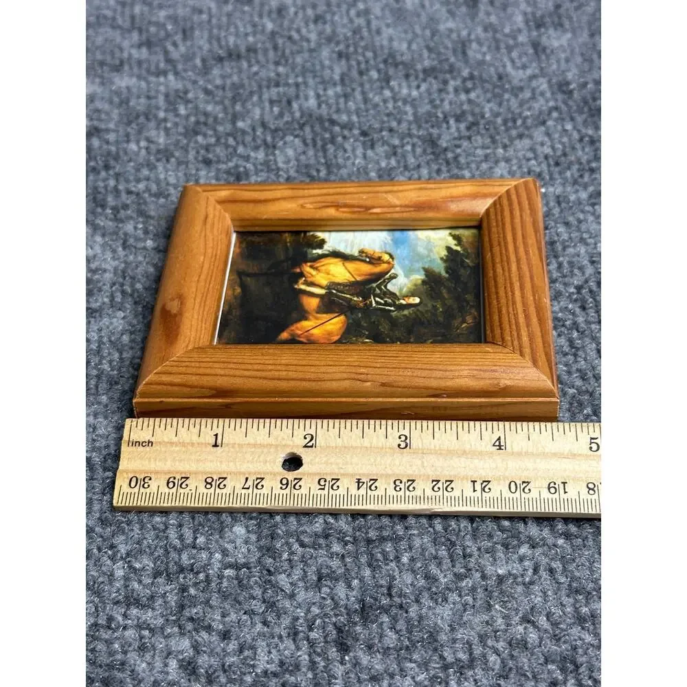 Vintage miniature solid wood picture frame 3.5x4.5 equestrian print wall hook